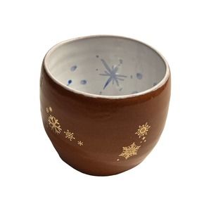 Blue & White Bowl with Snowflakes in Blue and Silver on Terracotta Pottery